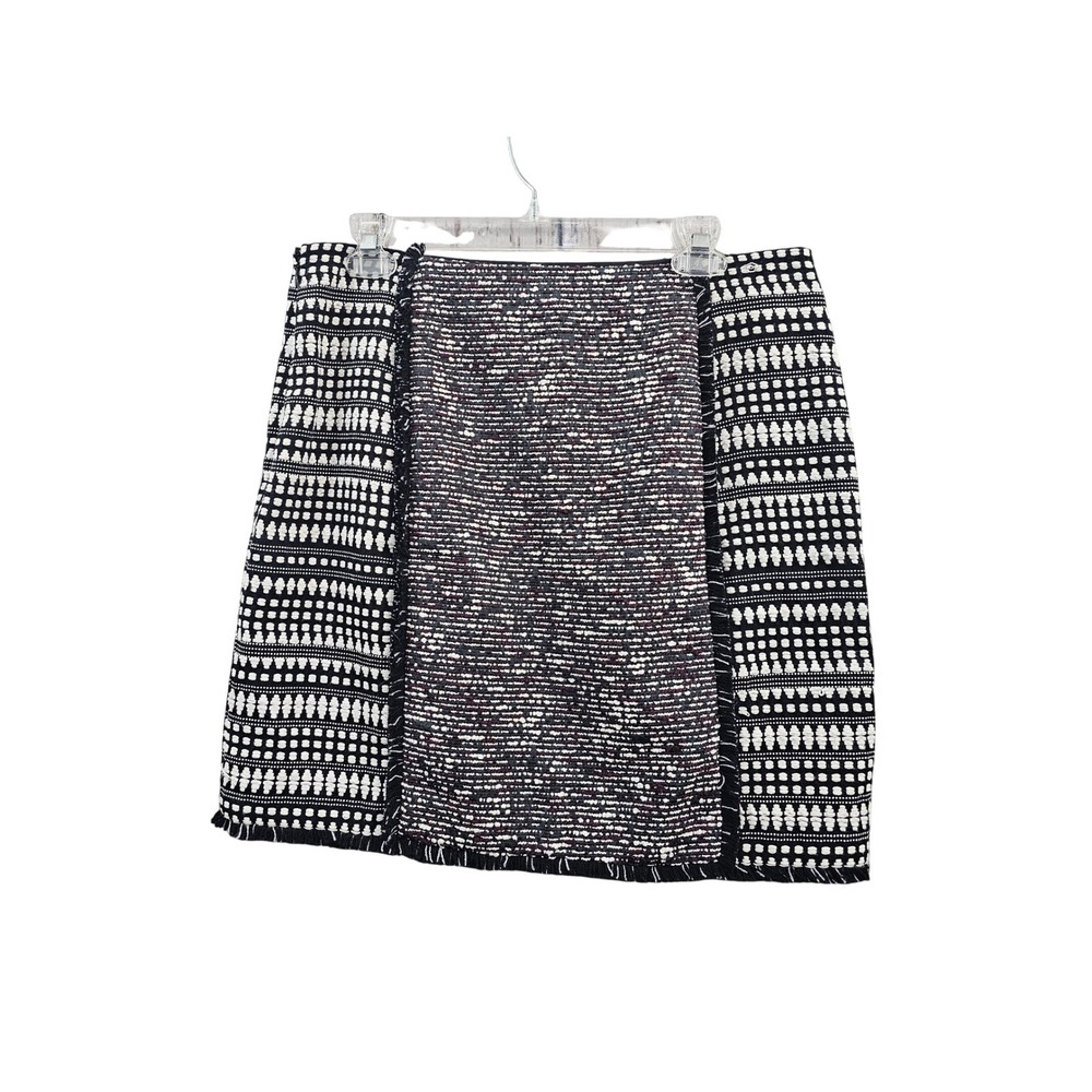 LOFT Tweed Straight Pencil Skirt Women Size 8 Black White Geometric Fringe Mini‎